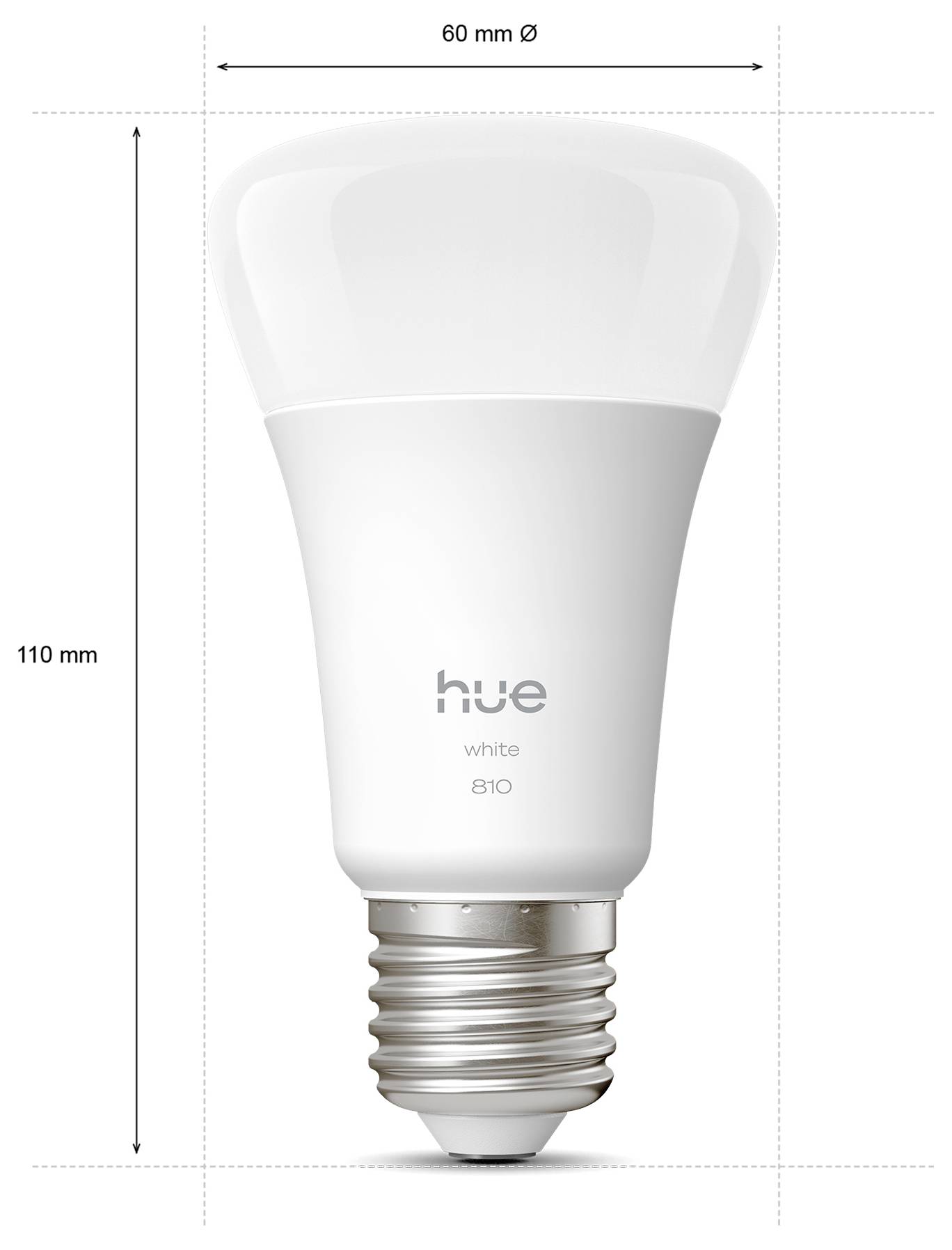 Een witte Philips Hue lamp met specificaties: 110 mm hoogte, 60 mm diameter. Lamp geëtiketteerd als 'hue white 810'.