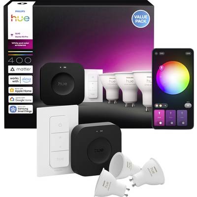 Philips Hue GU10 Starterkit Pro bevat slimme lampen, een dimschakelaar en een hub, compatibel met Alexa, Google Home en meer.