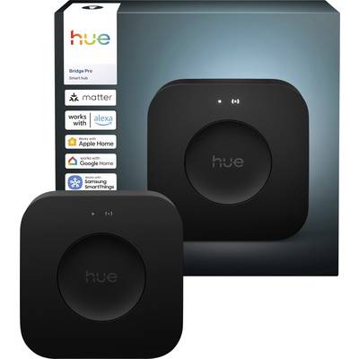 Philips Hue Bridge Pro in zwart voor zijn verpakking, compatibel met Matter, Alexa, Apple Home, Google Home en SmartThings.