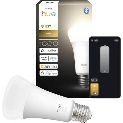 Philips Hue E27 witte slimme lamp verpakking met '1600 lumen' tekst, toont compatibiliteit met Alexa, Apple Home, Google Home en Matter.