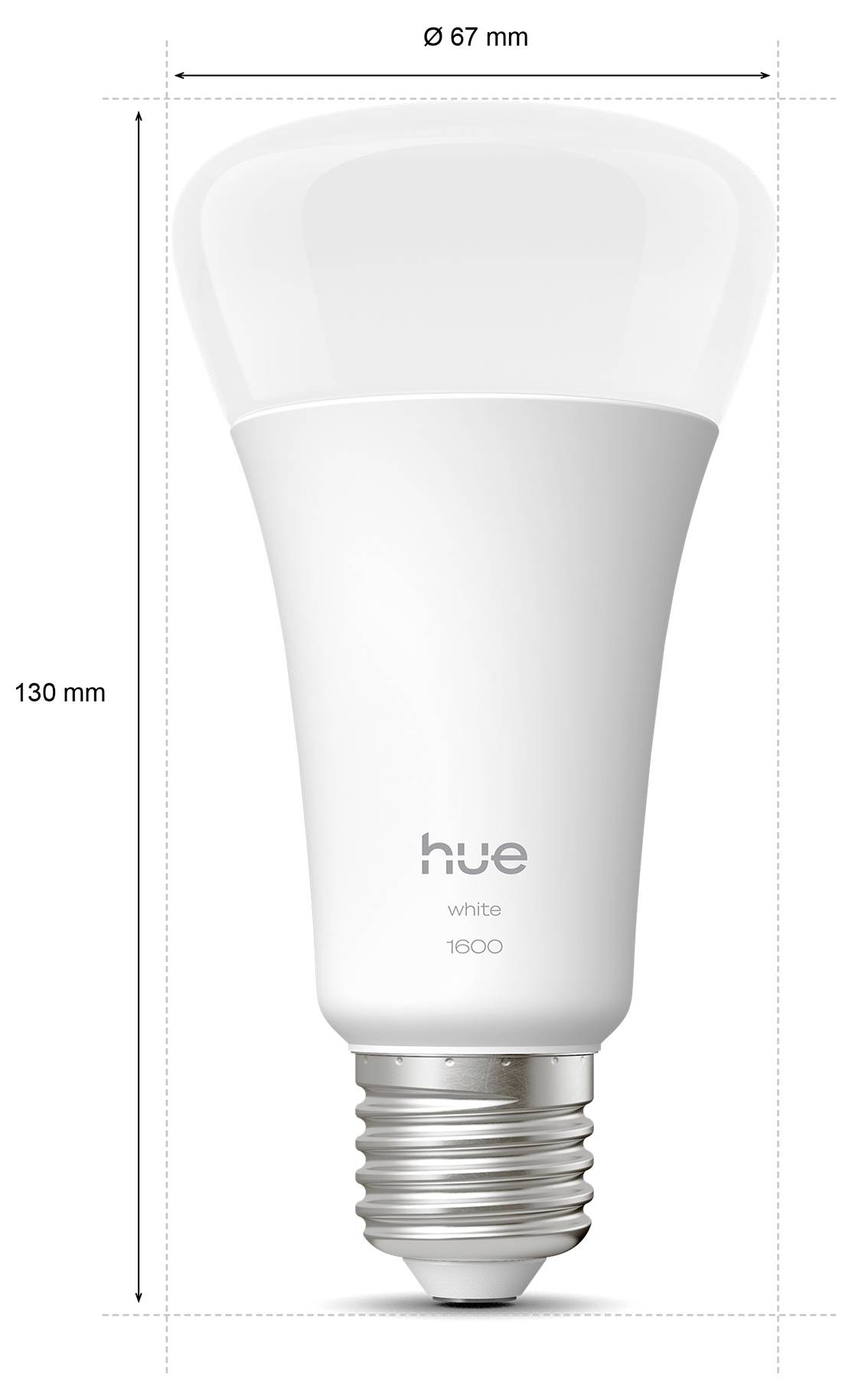 Slimme LED-lamp met een matglazen bovenkant, met een hoogte van 130 mm en een diameter van 67 mm. Tekst luidt 'hue white 1600'.