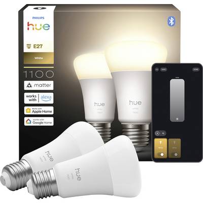 Philips Hue E27 slimme lampen en afstandsbediening, compatibel met Alexa, Apple Home en Google Home, weergegeven in verpakking.