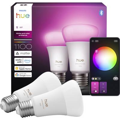 Philips Hue slimme lampen en app weergegeven. De app toont een kleurenwiel voor het aanpassen van verlichting. Compatibel met Alexa, Apple Home en Google Home.