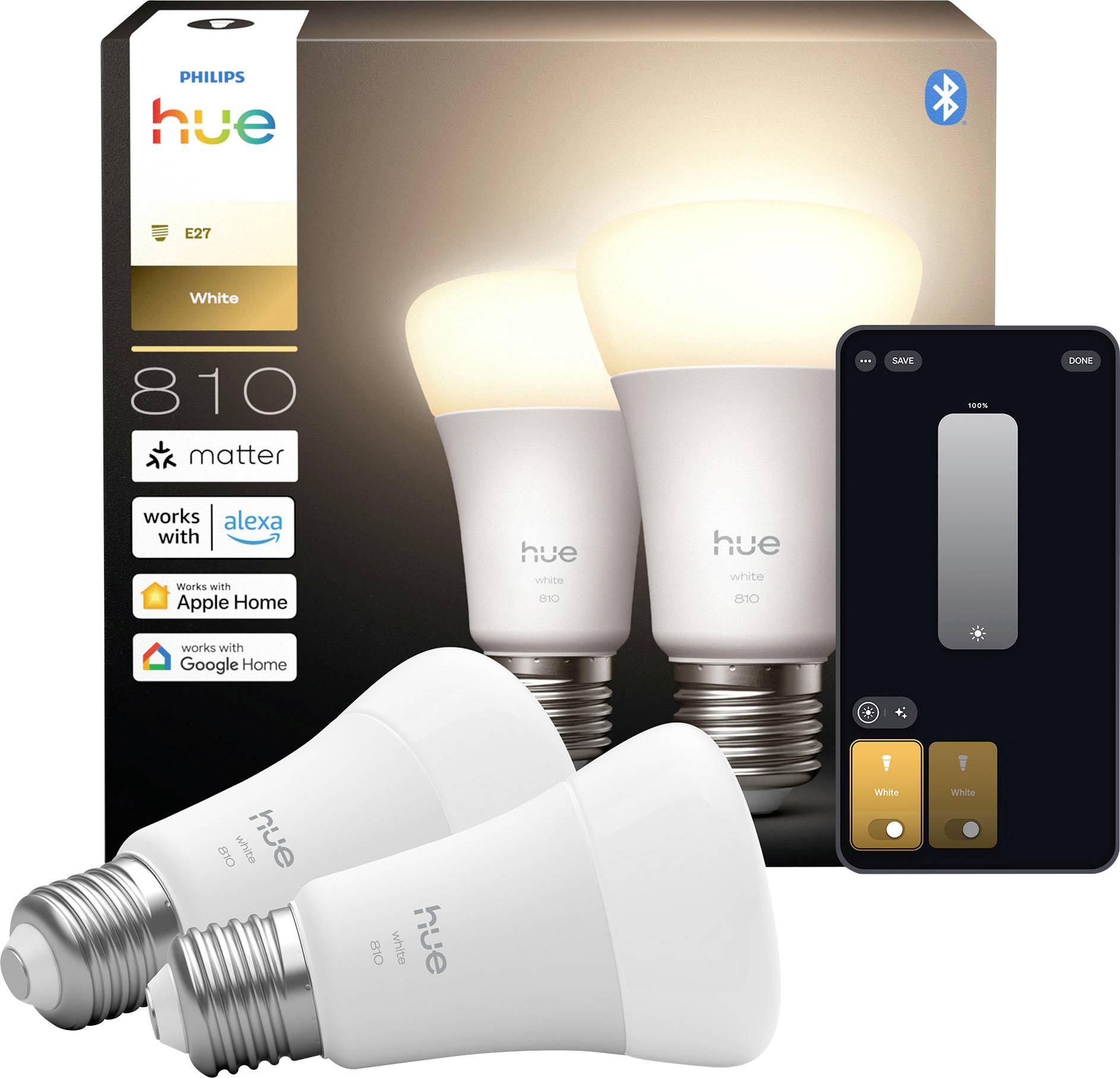Philips Hue slimme lampen met verpakking, compatibel met Alexa, Apple Home, Google Home en Matter, met helderheidsregeling.