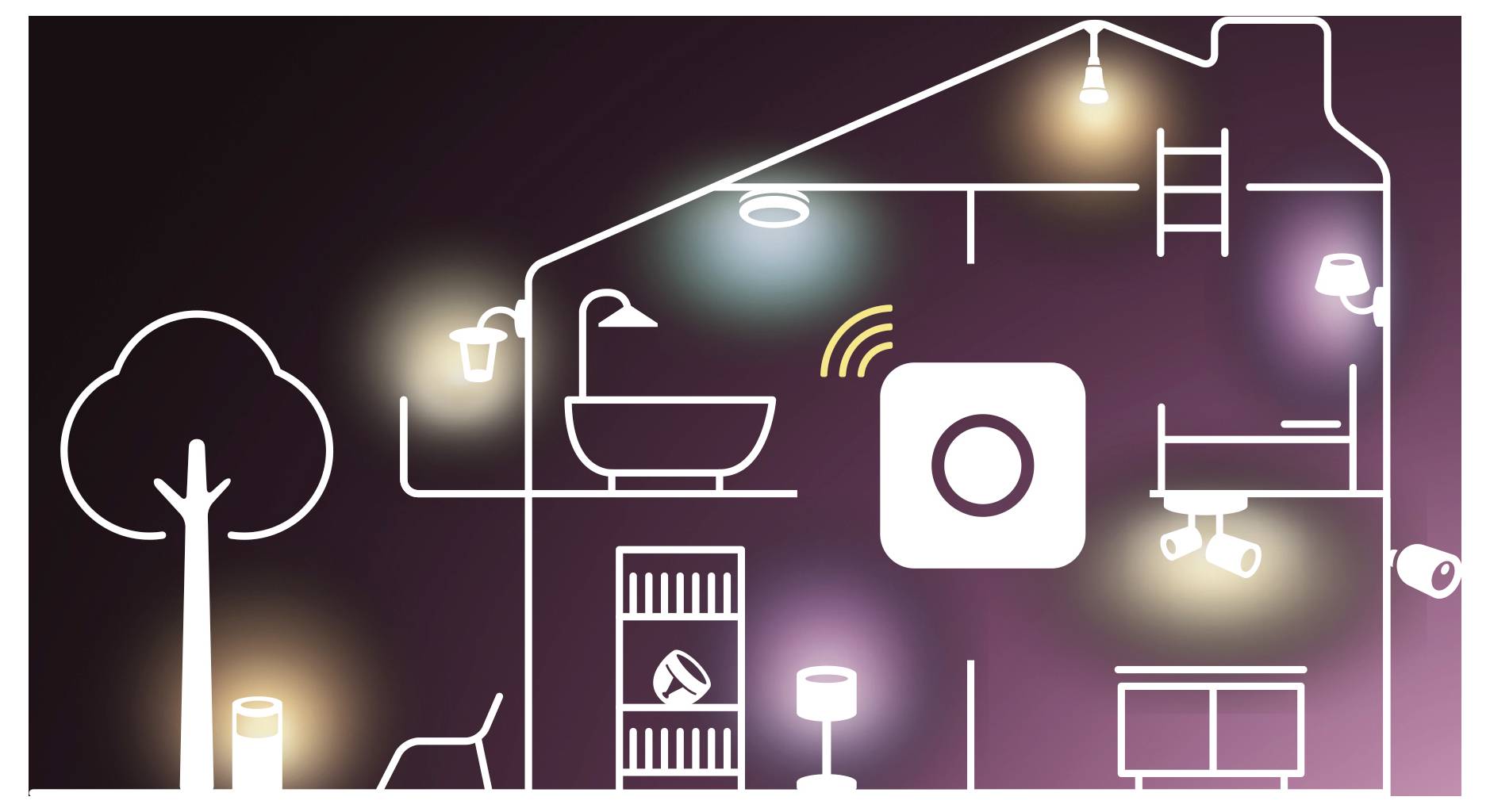 Een gestileerde illustratie van een slim huis dat connectiviteit en automatisering toont, met pictogrammen voor verlichting, beveiliging en apparaten in verschillende kamers.