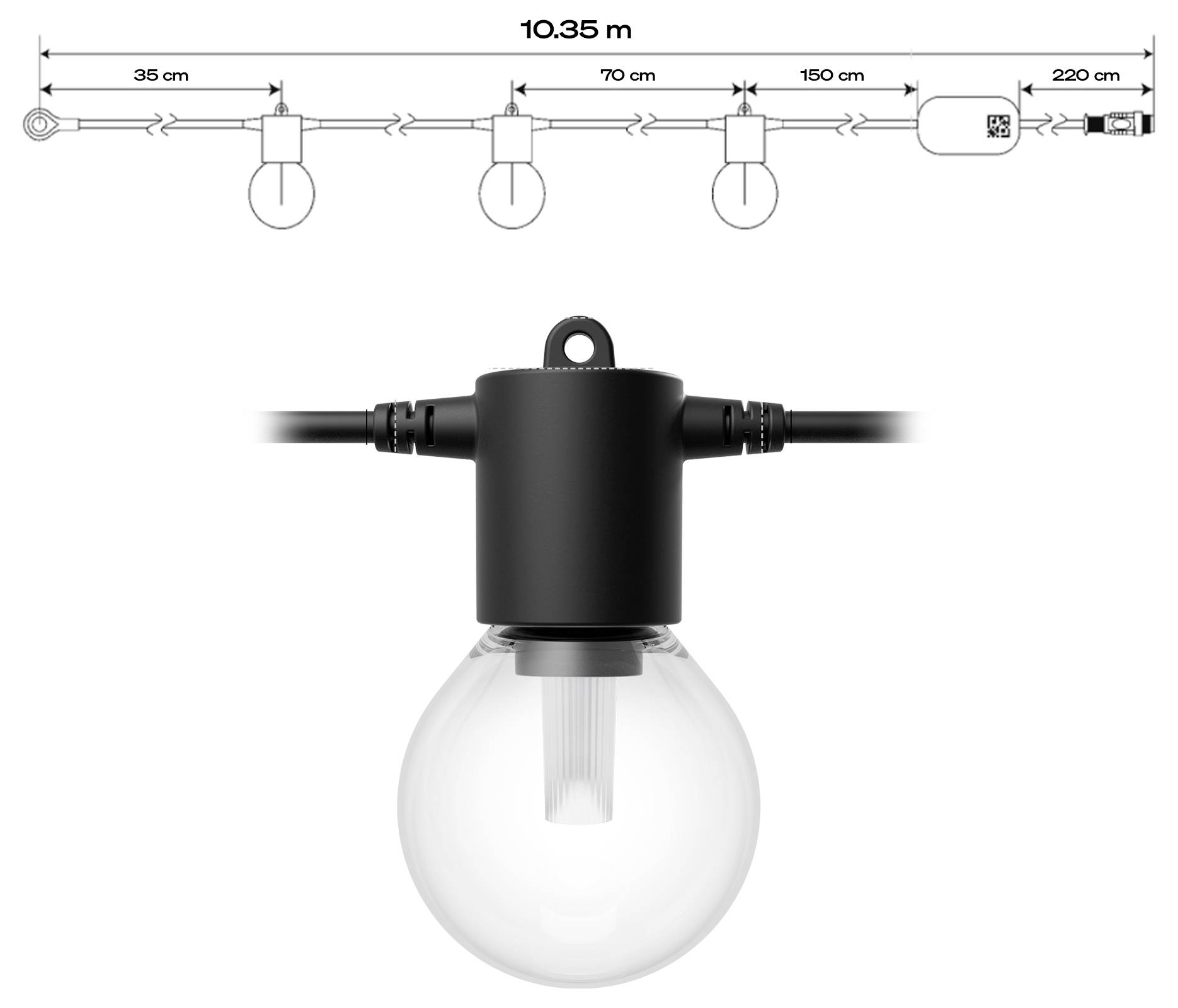 Lichtsnoer met drie lampen geplaatst op afstanden van 35 cm, 70 cm en 150 cm uit elkaar. De totale koorlengte is 10,35 m en eindigt in een stekker.