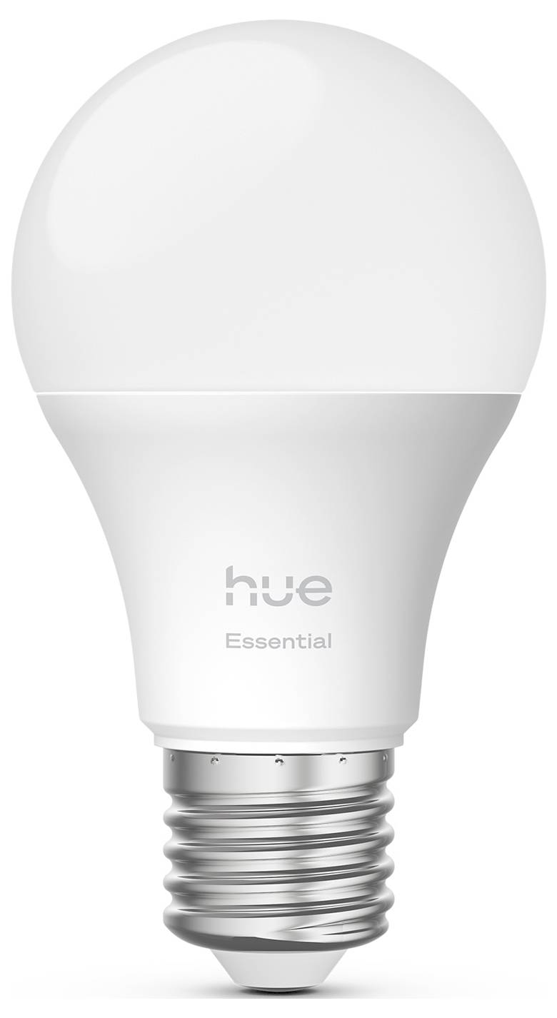 Een witte LED-lamp met het label 'hue Essential' erop gedrukt, voorzien van een standaard schroefvoet, ontworpen voor verlichting in huis.