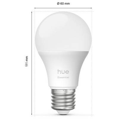 'Philips Hue Essential' LED-lamp met afmetingen: 111 mm hoogte, 60 mm diameter.