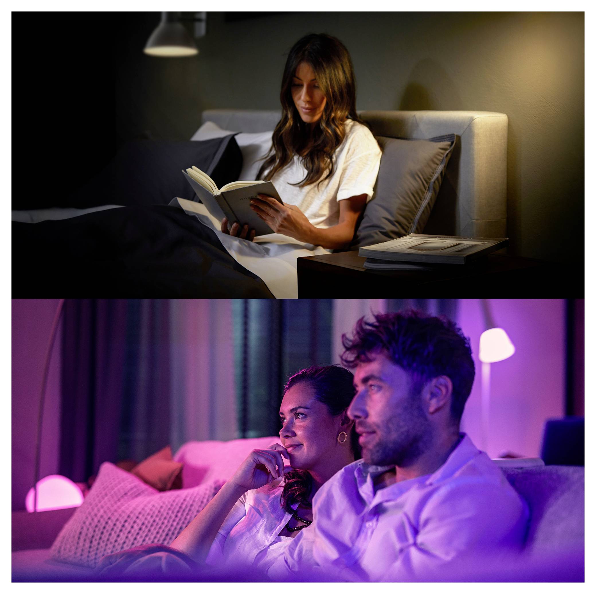 Een vrouw leest een boek in bed onder een lamp, terwijl in een andere omgeving een man en een vrouw op een bank zitten die aandachtig naar iets kijken.