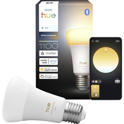 Een Philips Hue white ambiance slimme lamp naast zijn verpakking. Een smartphone toont de app-interface, met bediening voor de helderheid en kleurtemperatuur van de lamp.