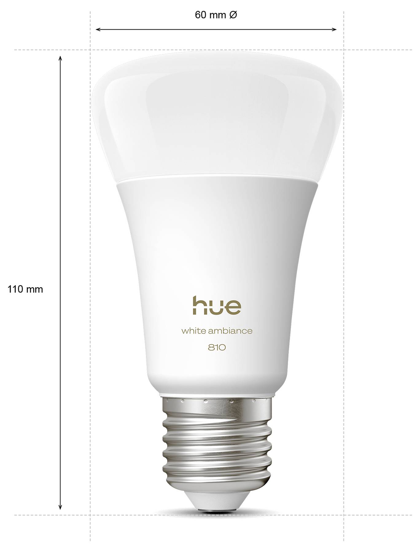 Een witte slimme ledlamp met het label 'hue white ambiance 810' wordt getoond met afmetingen van 110 mm in hoogte en 60 mm in diameter.