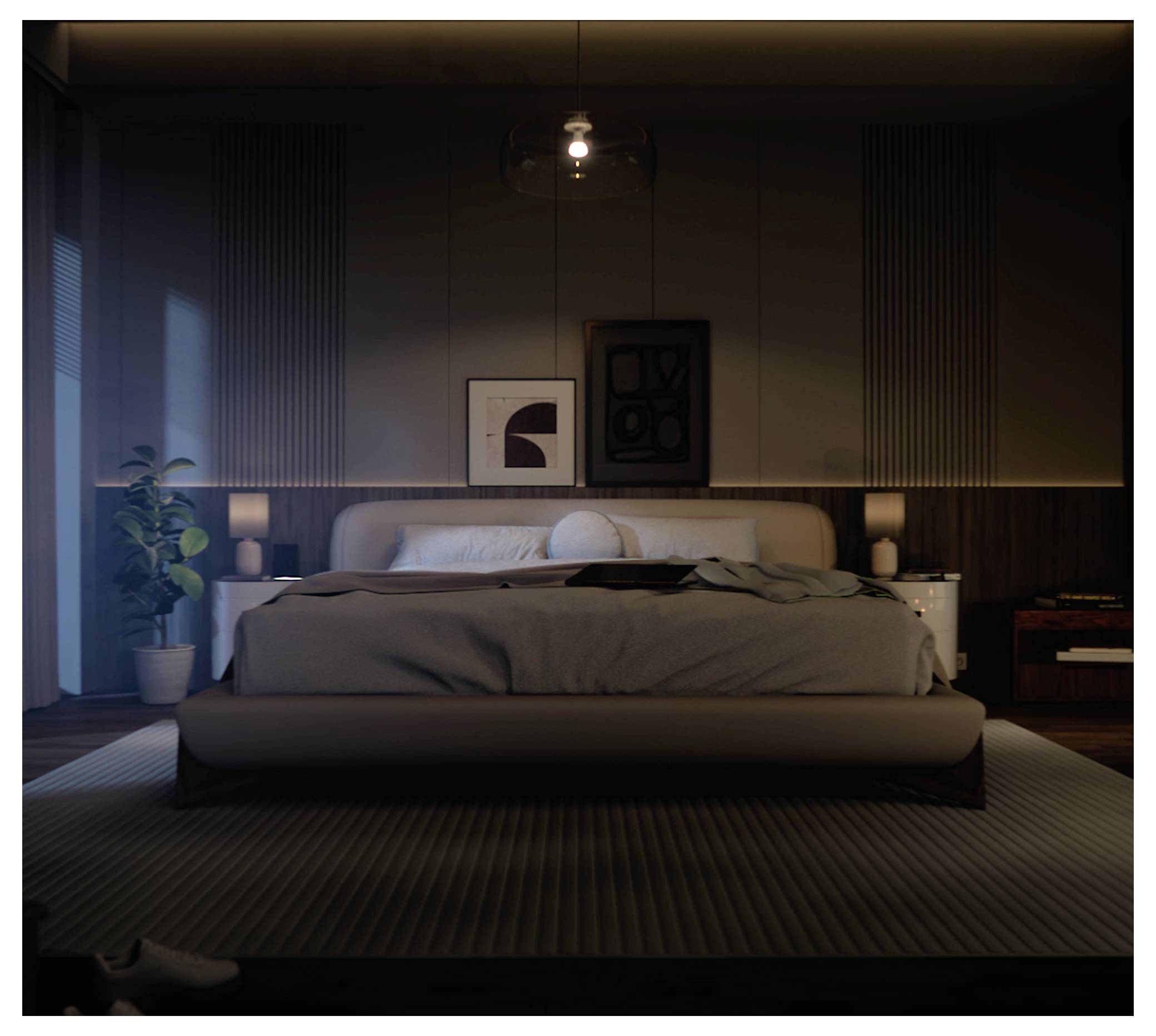 Een sfeervol verlichte moderne slaapkamer met een groot bed met kussens, nachtkastjes met lampen, een potplant en abstracte wandkunst.