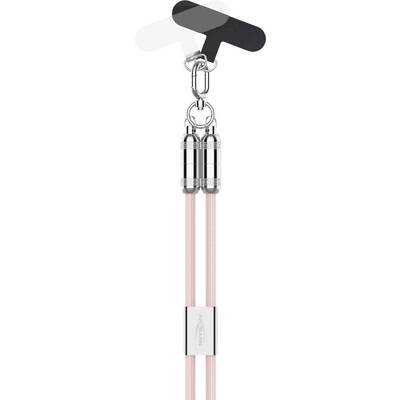 Een roze en zilveren telefoonkoord met verstelbare band en clipbevestiging, ontworpen om mobiele apparaten handsfree te beveiligen en te dragen.