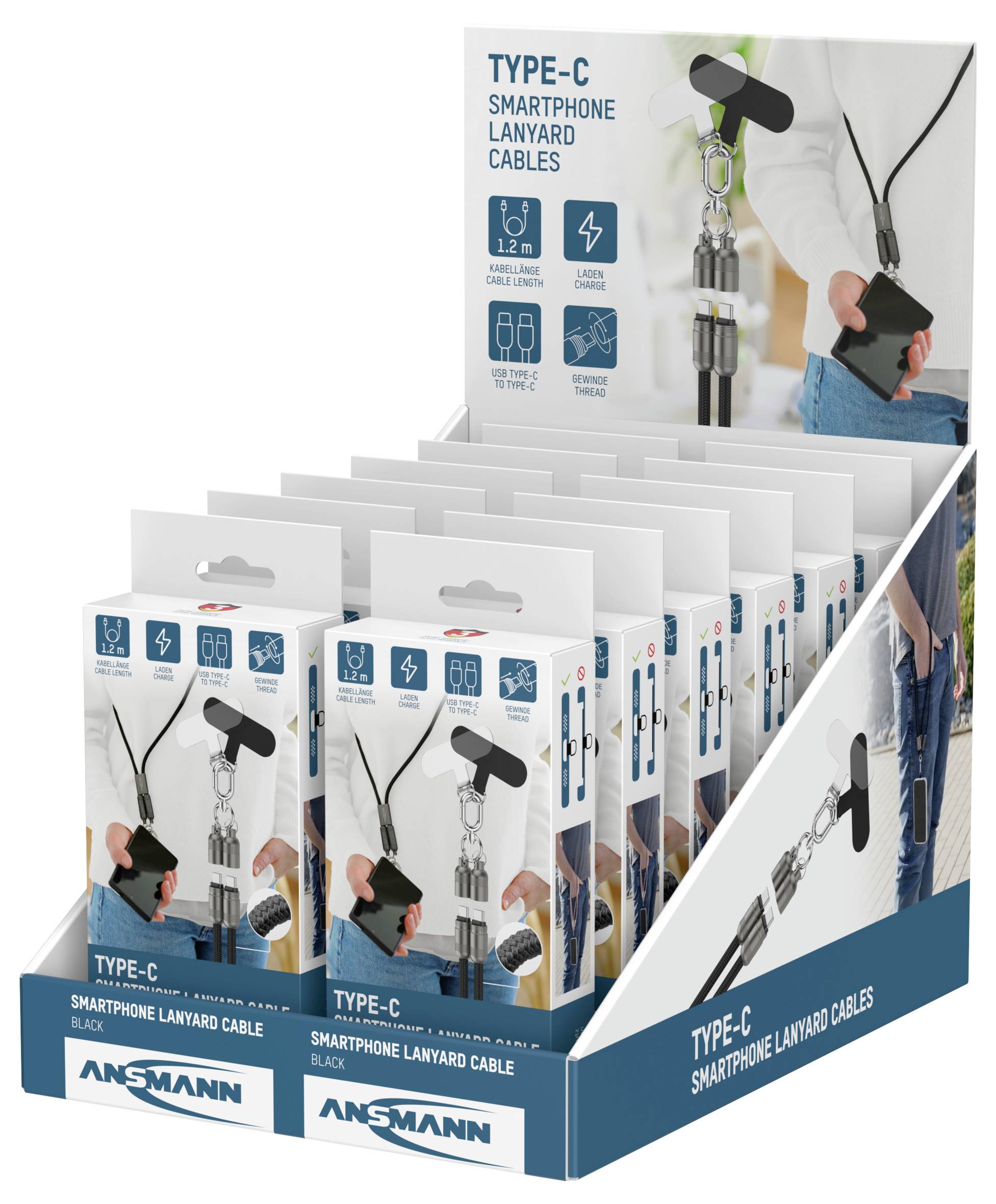 Display met 'Type-C Smartphone Lanyard Kabels'. Dozen illustreren een zwart lanyard kabel dat een telefoon verbindt met een oplaadpoort.