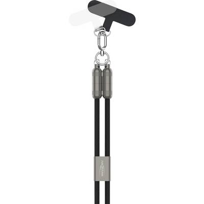 'Arc'teryx' gemerkte zwarte camerariem met verstelbare clips, voorzien van dubbele lanyard en een roterende bevestigingspunt voor flexibiliteit en gebruiksgemak.
