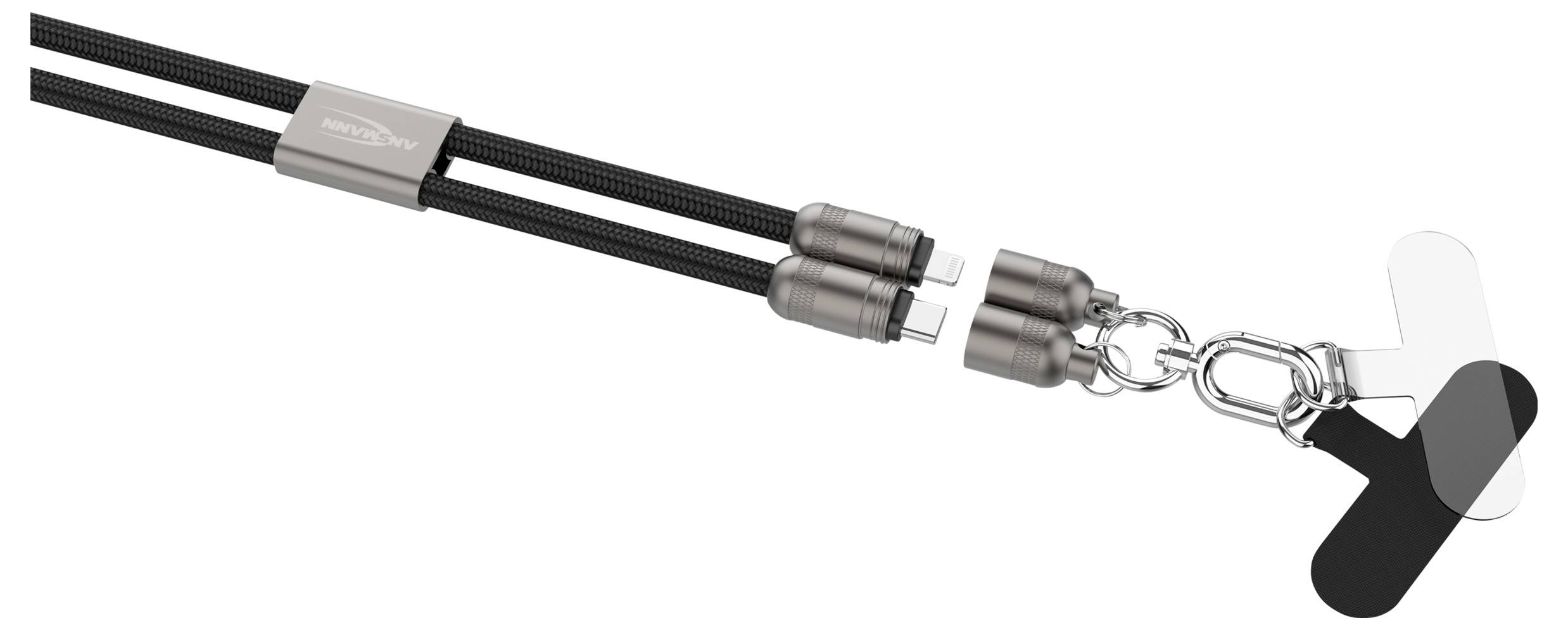 Een afneembare magnetische oplaadkabel met meerdere aansluitingen, ontworpen voor veelzijdige apparaatcompatibiliteit, weergegeven in een metaalkleurige afwerking.