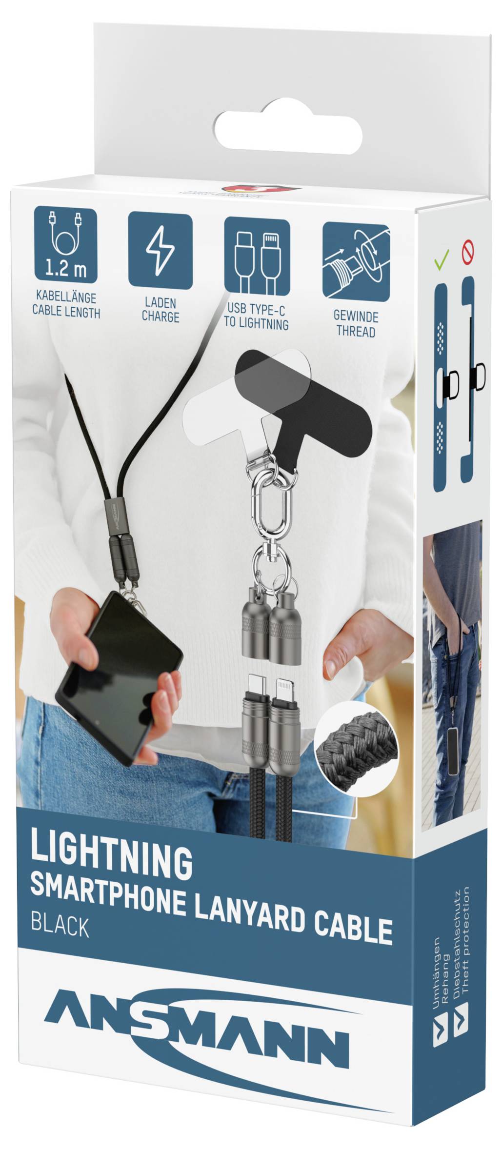 'Lightning Smartphone Lanyard Kabel, Zwart' verpakking toont een 1,2m kabel die wordt gebruikt als draagriem, compatibel met USB Type-C naar Lightning.