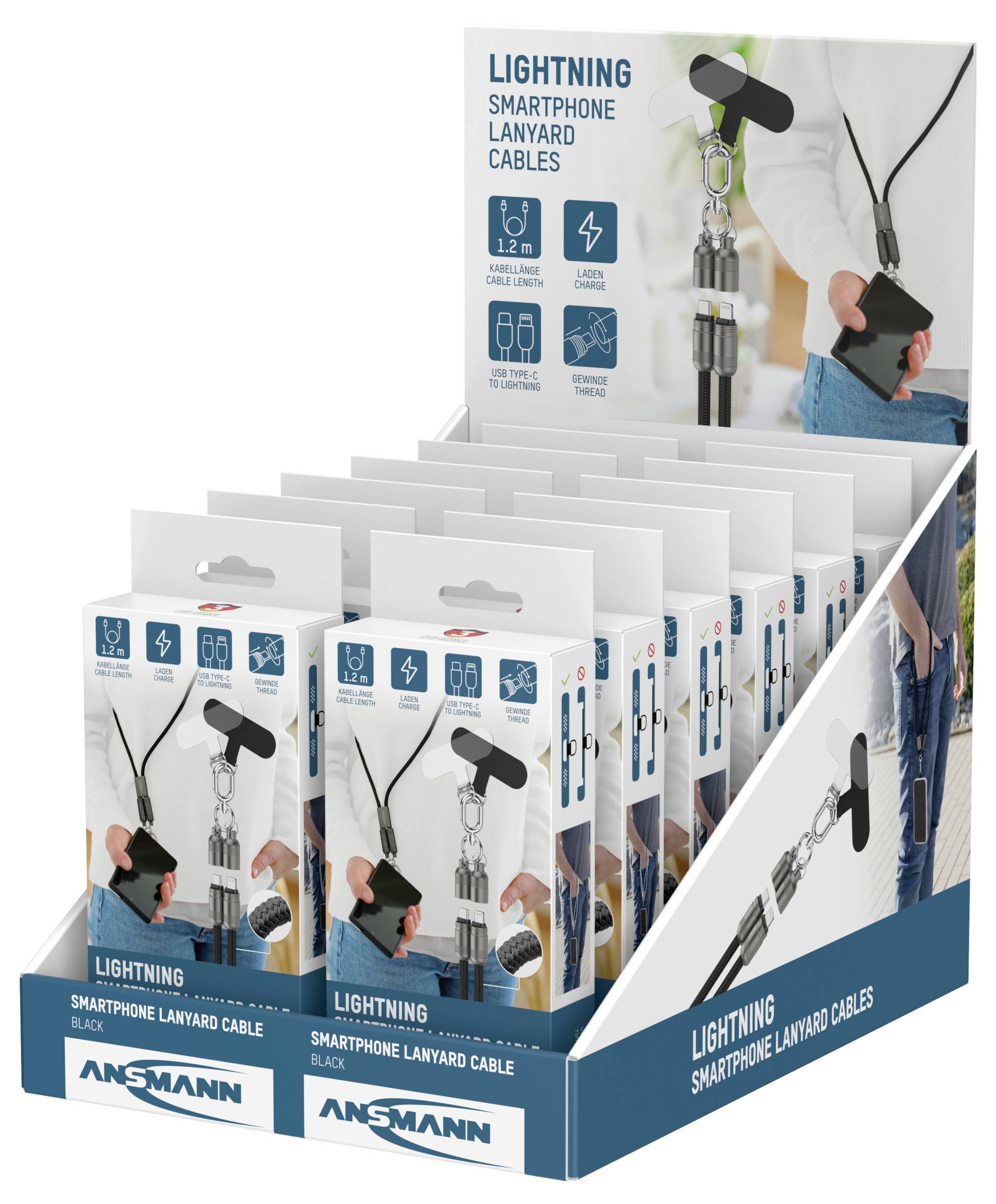 Displaydoos met 'Ansmann Lightning Smartphone Lanyard Kabels' verpakkingen, waarop een kabel is bevestigd aan een telefoon voor gemak.