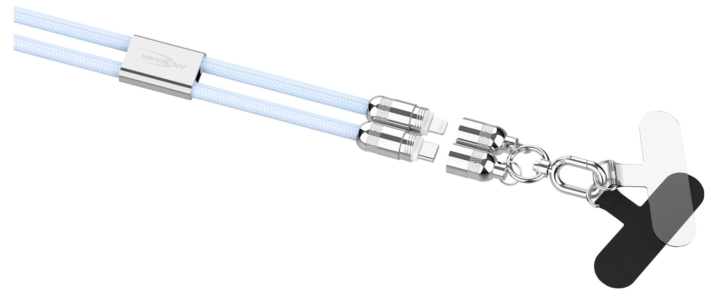 Een vergrendelmechanisme met een zilveren hangslot is bevestigd aan twee kabels en een metalen connector, ontworpen voor veilige bevestigingsdoeleinden.