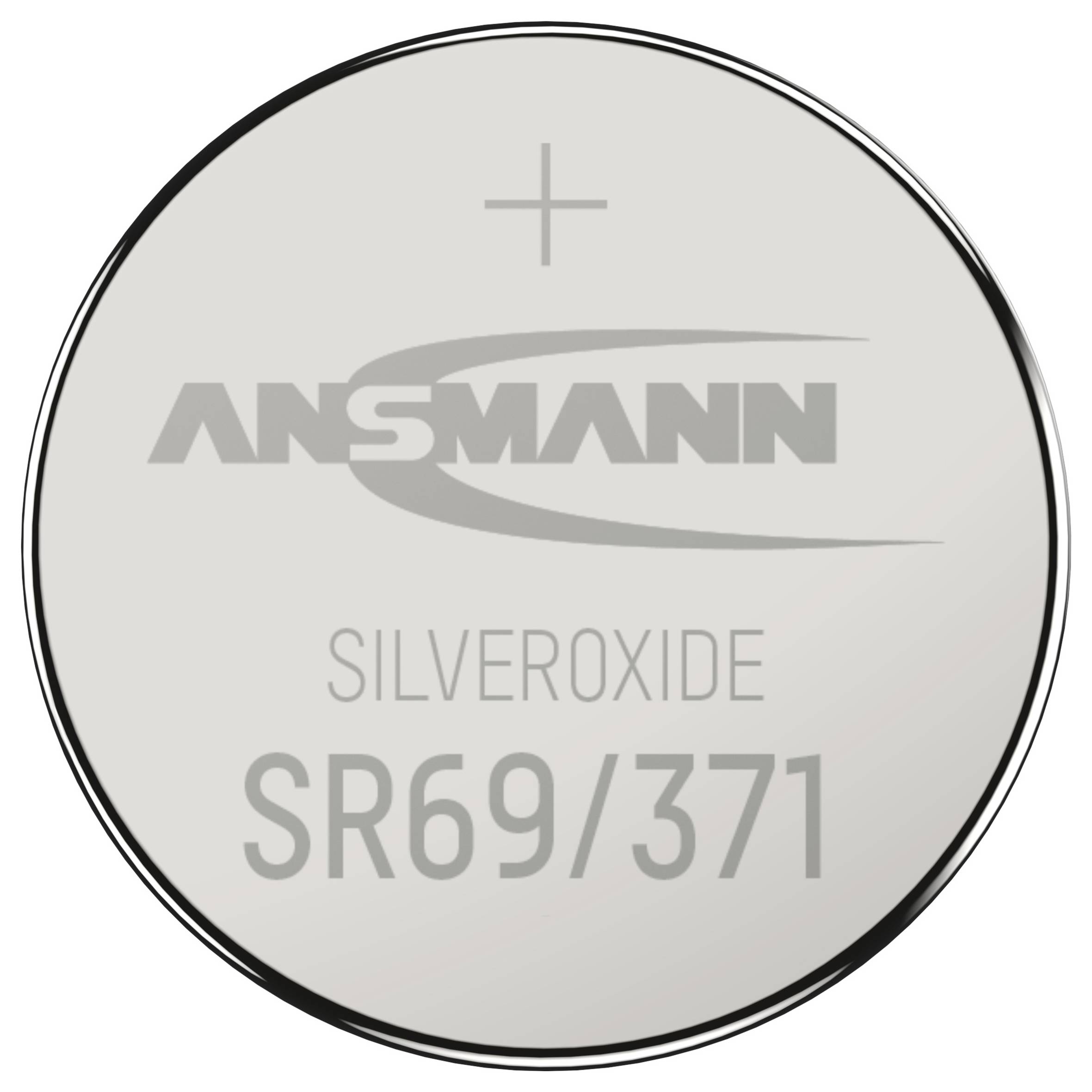 Zilveren-oxide batterij gelabeld 'ANSMANN SILVER OXIDE SR69/371' met een plusteken erboven, wat de positieve pool aangeeft.