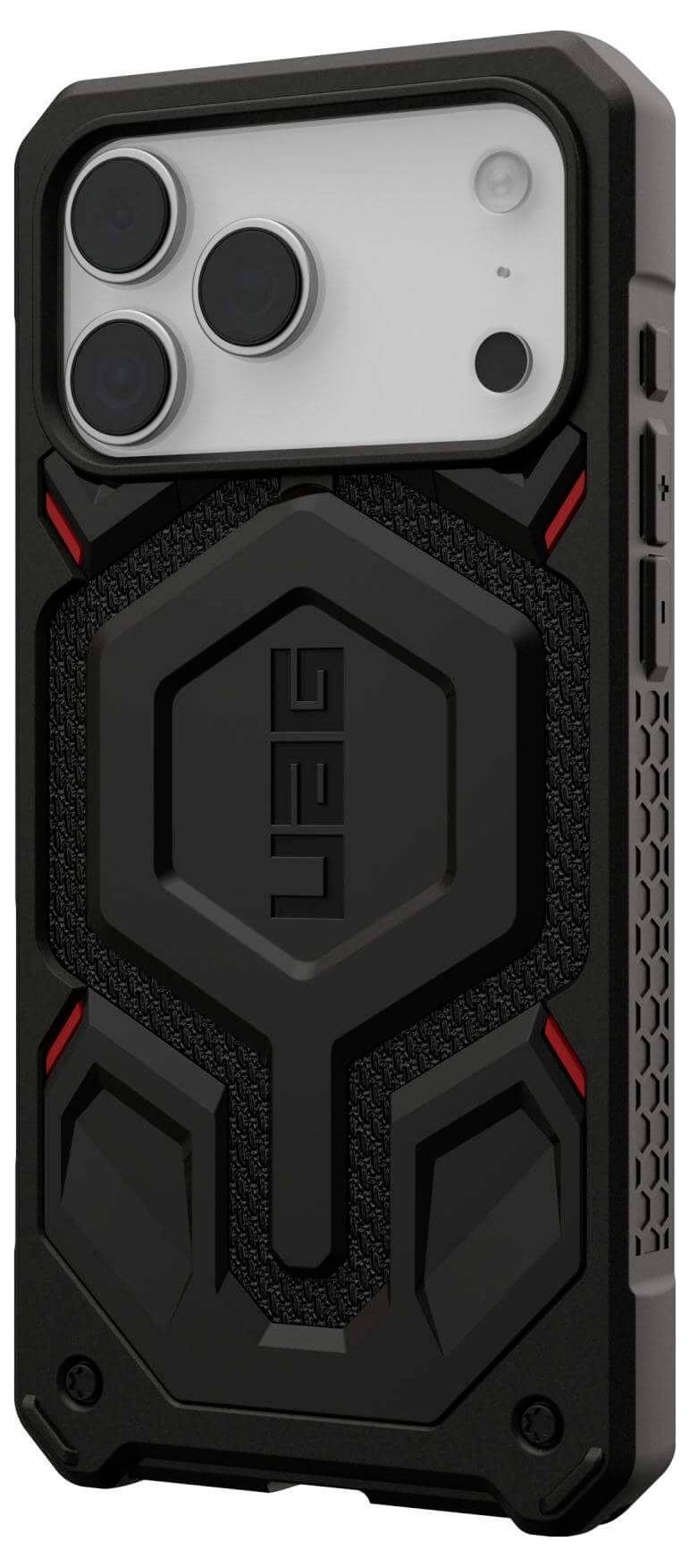Een robuuste zwarte telefoonhoes met geometrische patronen en zichtbare cameradoorgangen, ontworpen voor bescherming.