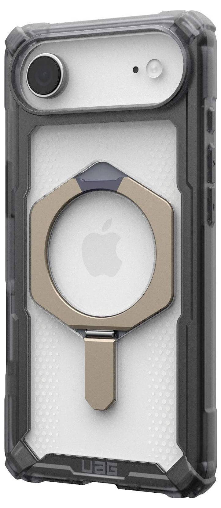 Een smartphone in een robuuste UAG transparante behuizing met een metalen ringstandaard aan de achterkant.