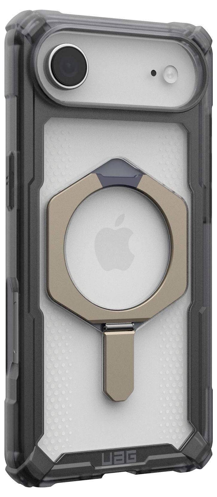 Een grijze robuuste telefoonhoes met een prominente Apple-logo, voorzien van een rond metalen ring en een zwaar uitgevoerde zwarte bumper voor bescherming.