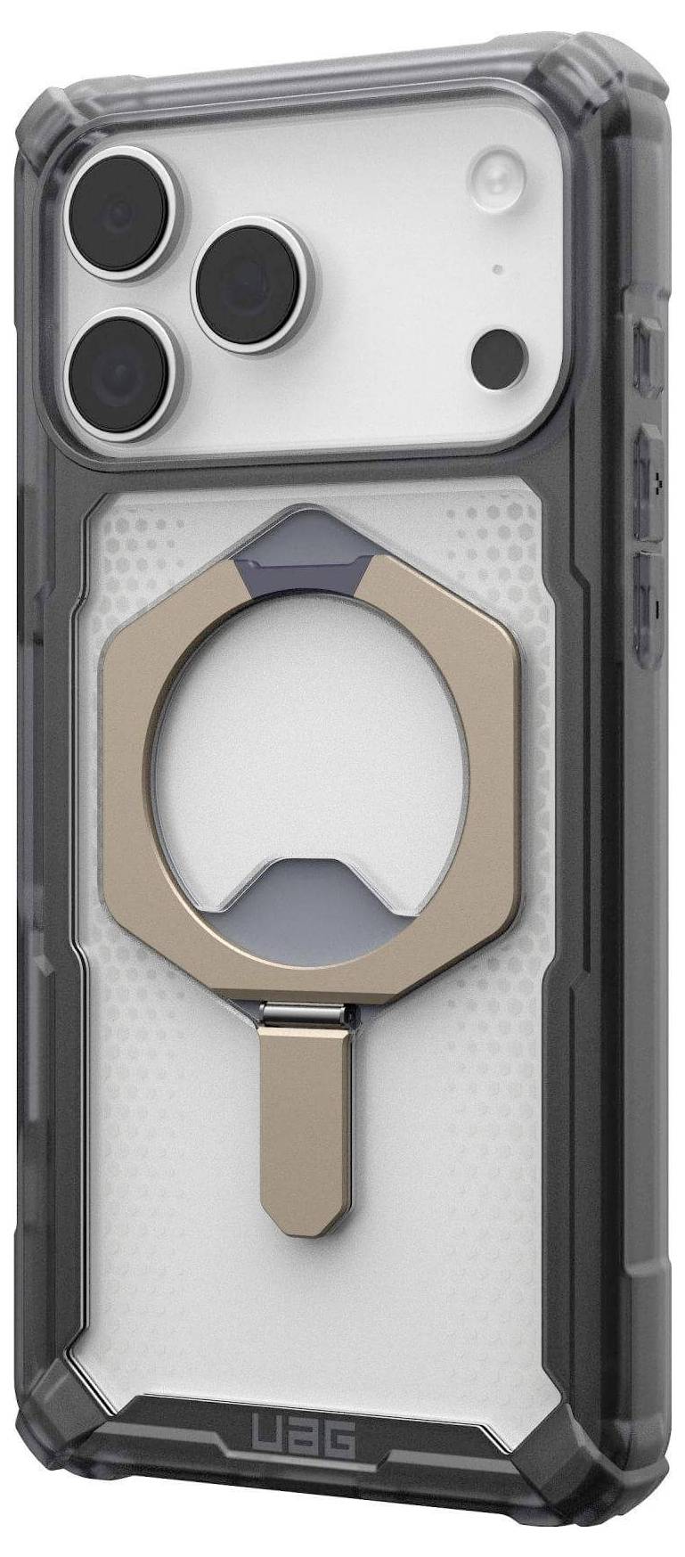 Een smartphone met een beschermende zwart-grijze behuizing heeft een metalen ringhouder aan de achterkant, ontworpen voor stevigheid en grip.