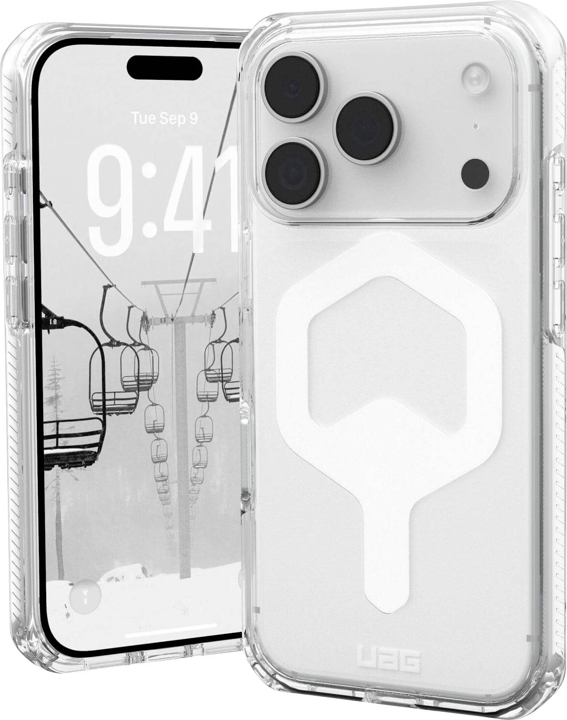 Doorzichtige telefoonhoes op een smartphone met een zichtbare tijd van '9:41'. De hoes heeft een geometrisch ontwerp, waarbij de achterste camera van de telefoon zichtbaar is.