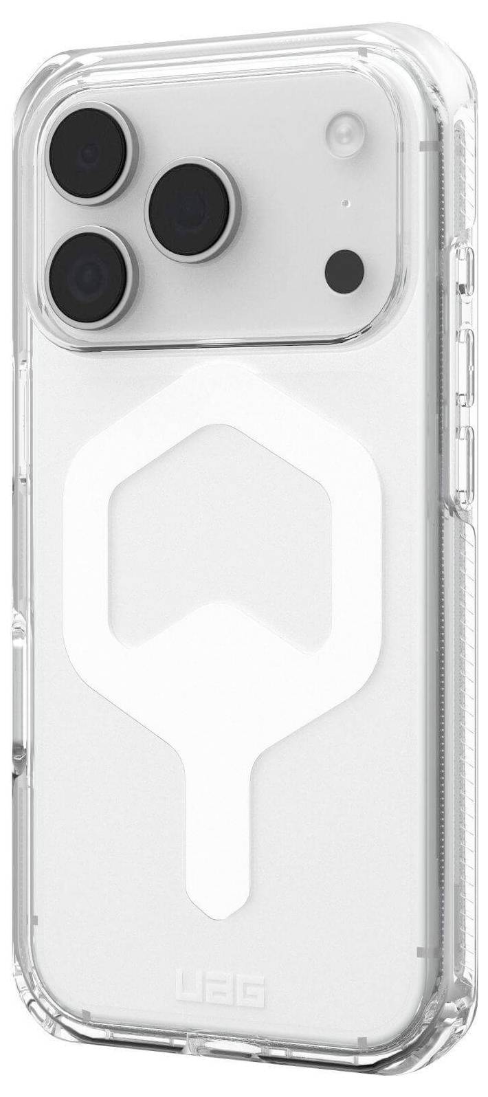 Een transparante telefoonhoes met drie grote cameralensen, voorzien van een wit geometrisch ontwerp op de achterkant.