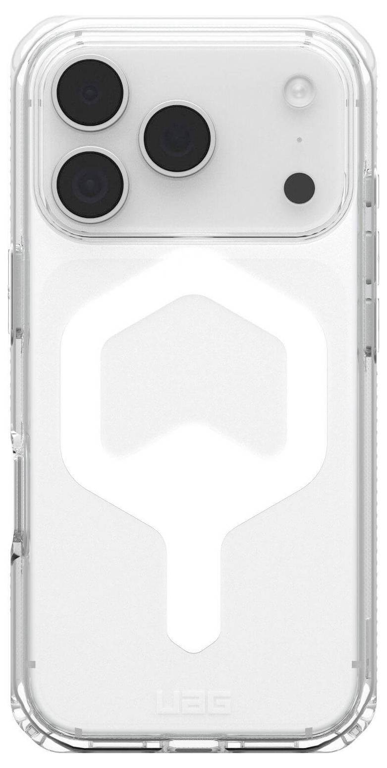 Een transparante telefoonhoes voor een smartphone met drie achterste camera's. De hoes heeft een geometrisch ontwerp op de achterkant.