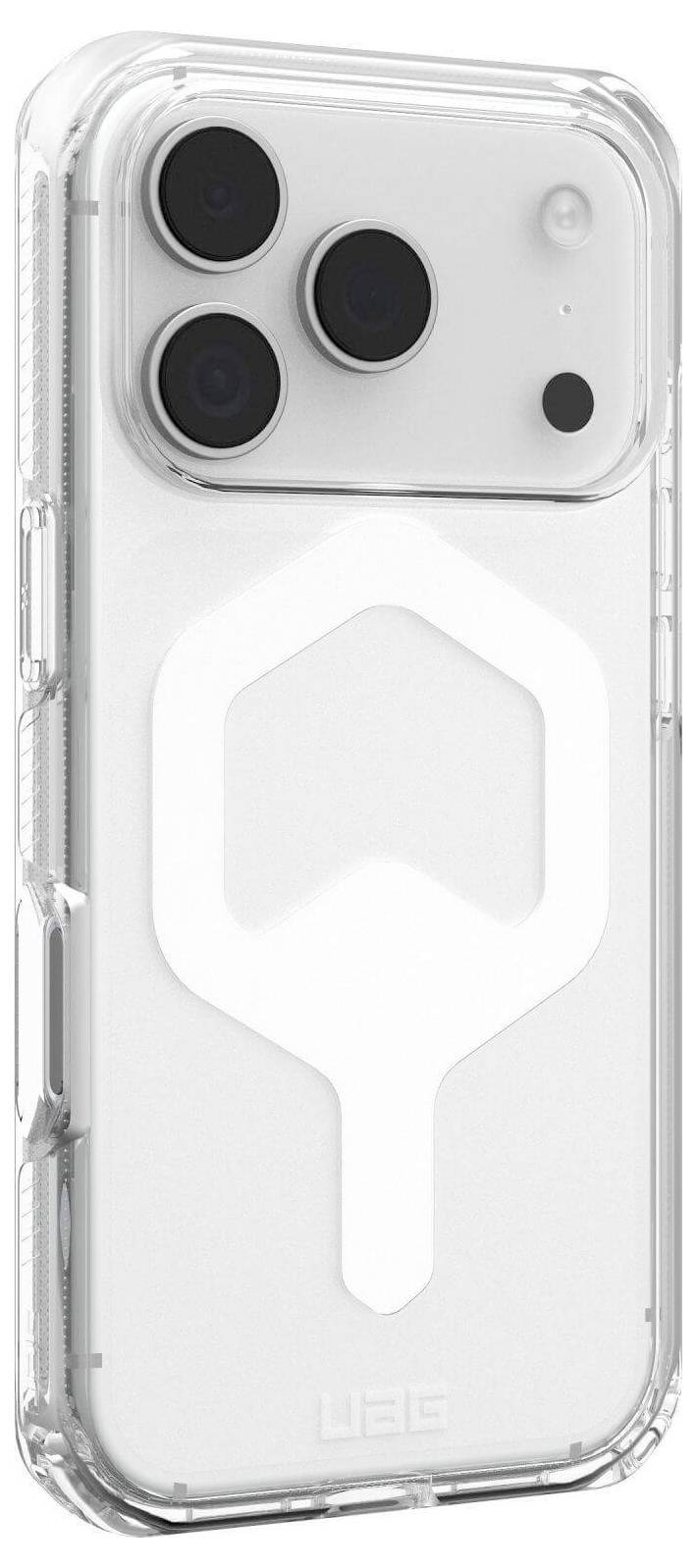Een transparante telefoonhoes met een zeshoekig patroon aan de achterkant, ontworpen om te passen op een smartphone met drie achterste cameralensen.
