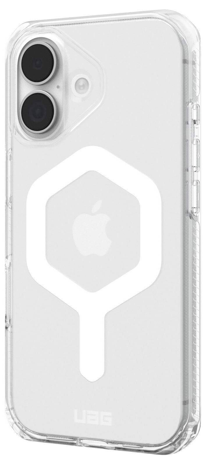 Transparante telefoonhoes met een wit zeshoekig patroon rondom een Apple-logo, waarbij de strakke en minimalistische stijl wordt benadrukt.
