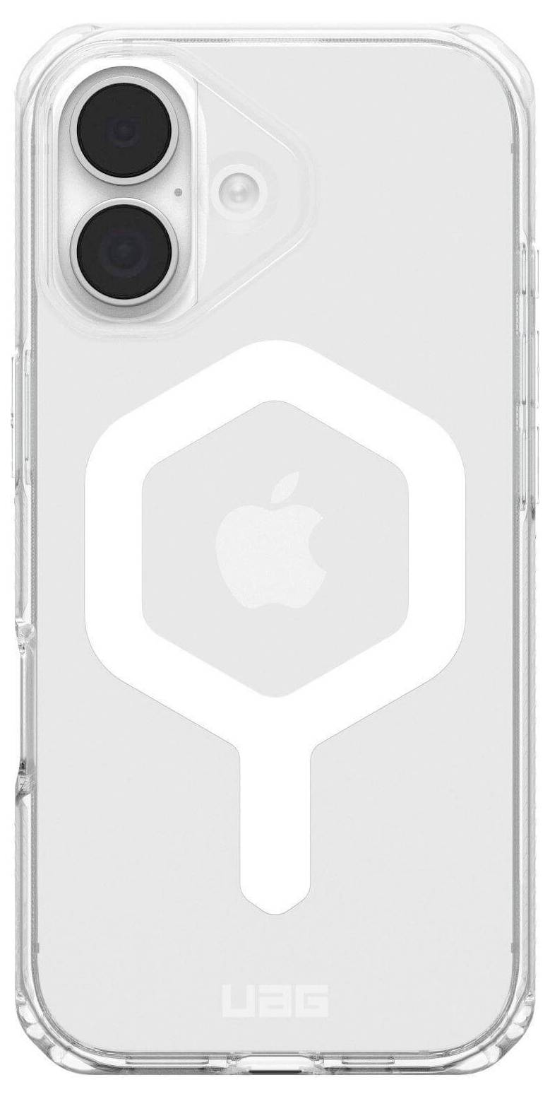 Doorzichtige telefoonhoes met een wit geometrisch ontwerp, waarbij het Apple-logo zichtbaar is op de achterkant van de smartphone.