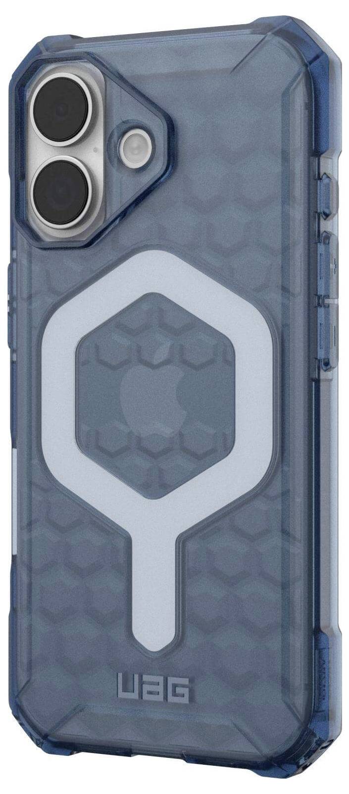 Een blauwe, robuuste smartphone-hoes met uitsparing voor dubbele lens-camera en zeshoekig designpatroon op de achterkant.