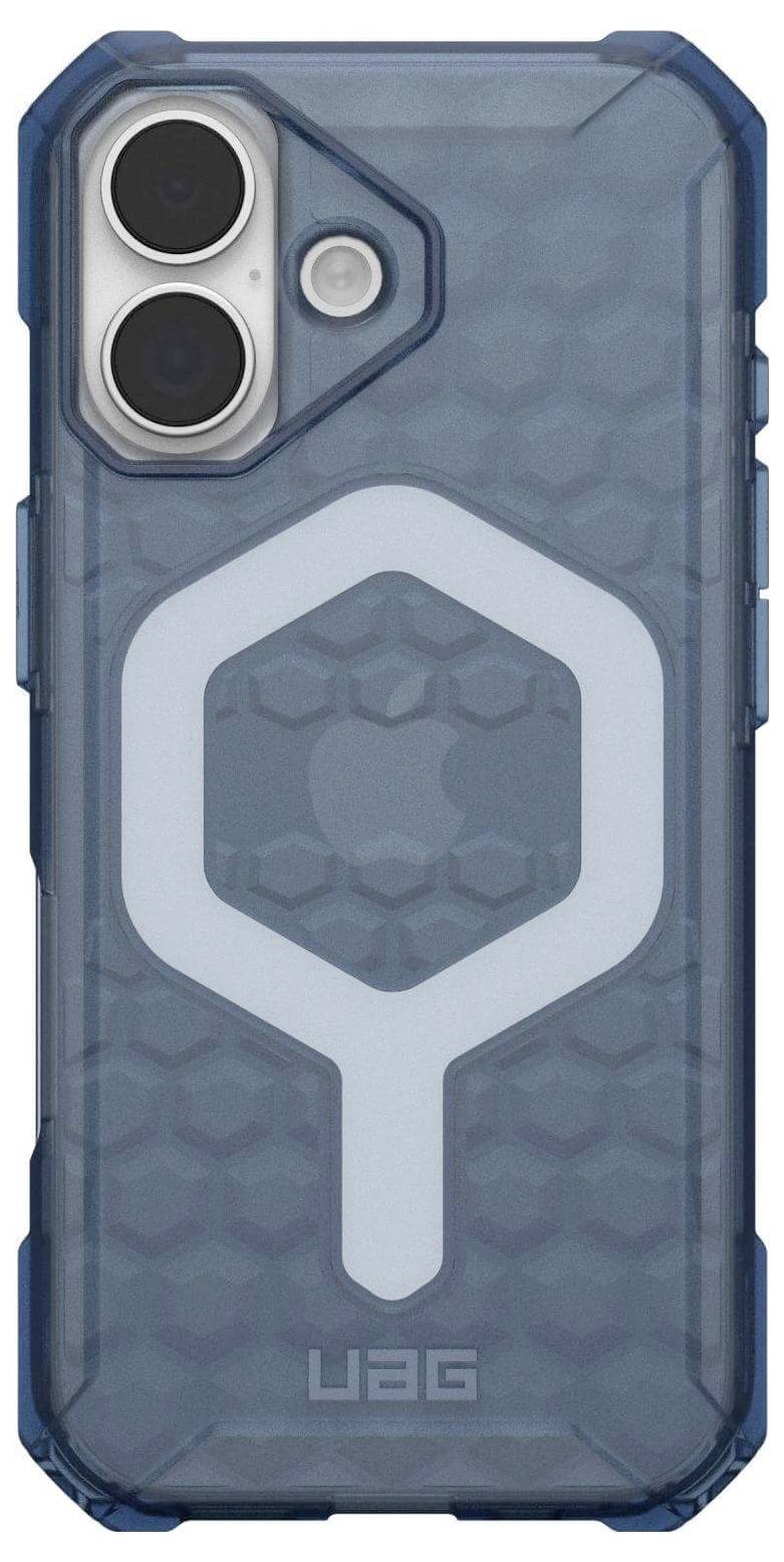 Een robuuste blauwe telefoonhoes met een zeshoekig ontwerp en witte accenten, versterkte hoeken en dubbele cameragaten, voorzien van het 'UAG'-merk.