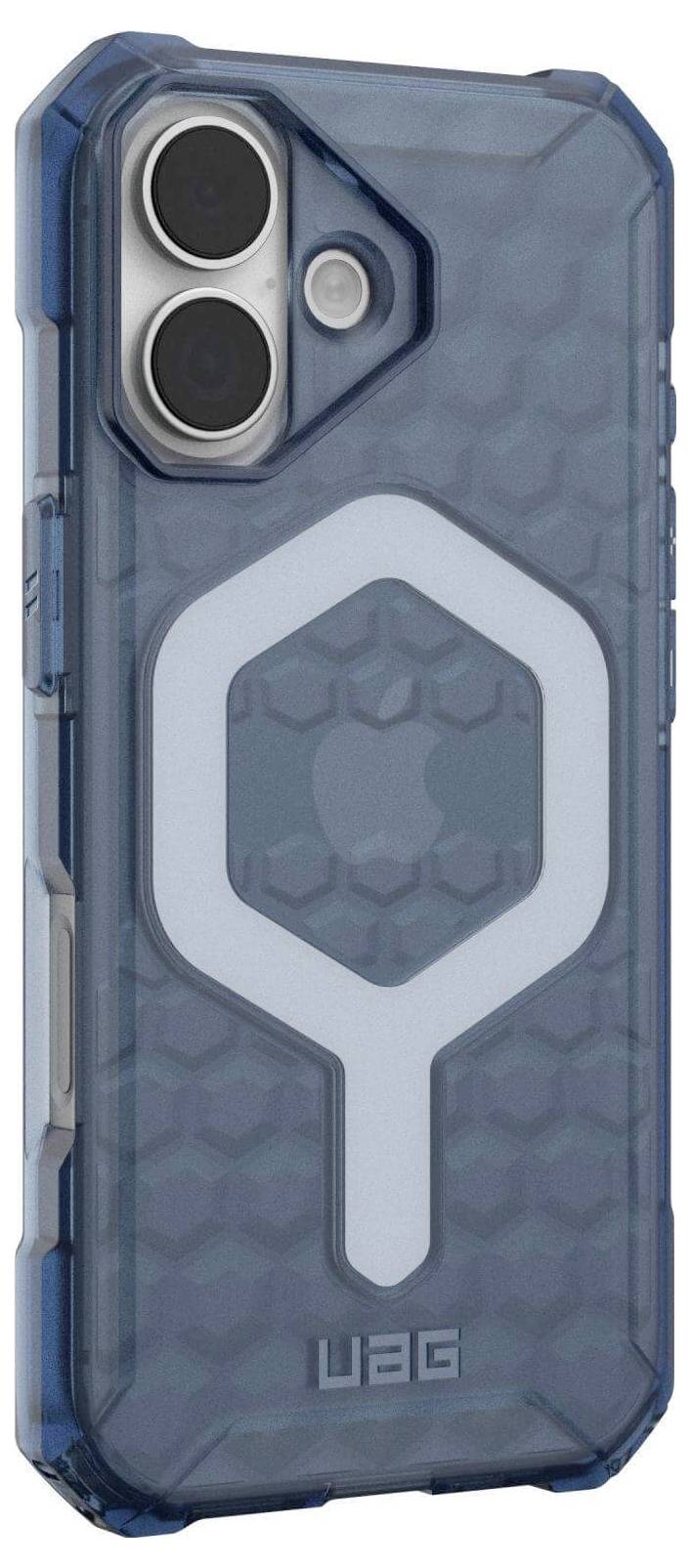 Een blauwe telefoonhoes met een geometrisch patroon, voorzien van versterkte hoeken en twee ruime camera-openingen, ontworpen voor duurzaamheid.