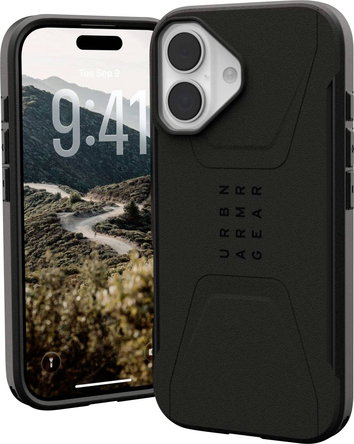 Twee smartphones met robuuste zwarte behuizingen, voorzien van een dubbel camerasysteem. Een telefoon vertoont een schilderachtig berglandschap op zijn scherm.