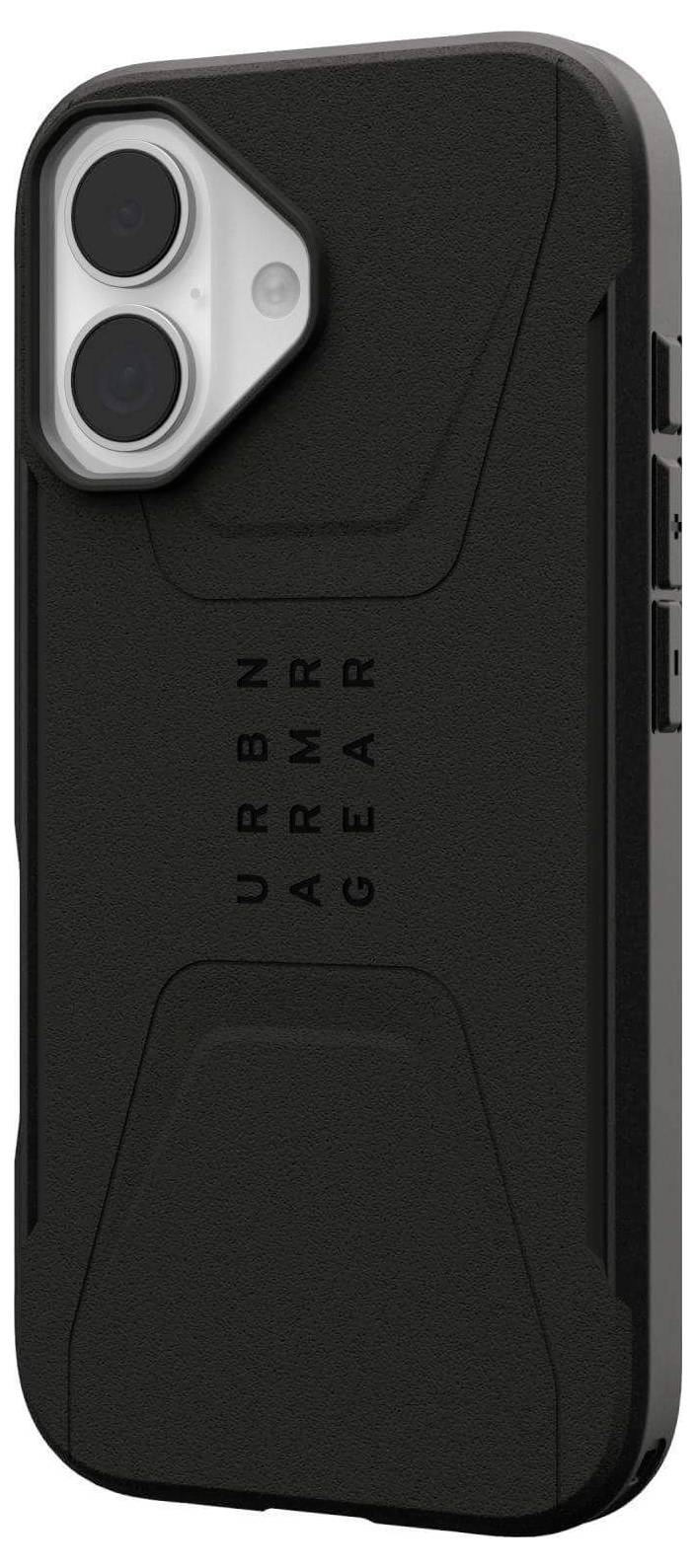 Een robuuste zwarte telefoonhoes met gestructureerde oppervlakte en 'Urban Armor Gear' branding, ontworpen voor verbeterde bescherming en grip.
