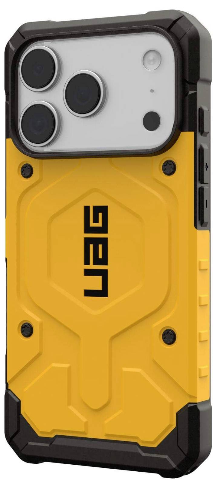 Een smartphone met een gele UAG beschermhoes met een robuust design en grote, prominente cameraloze aan de achterkant.