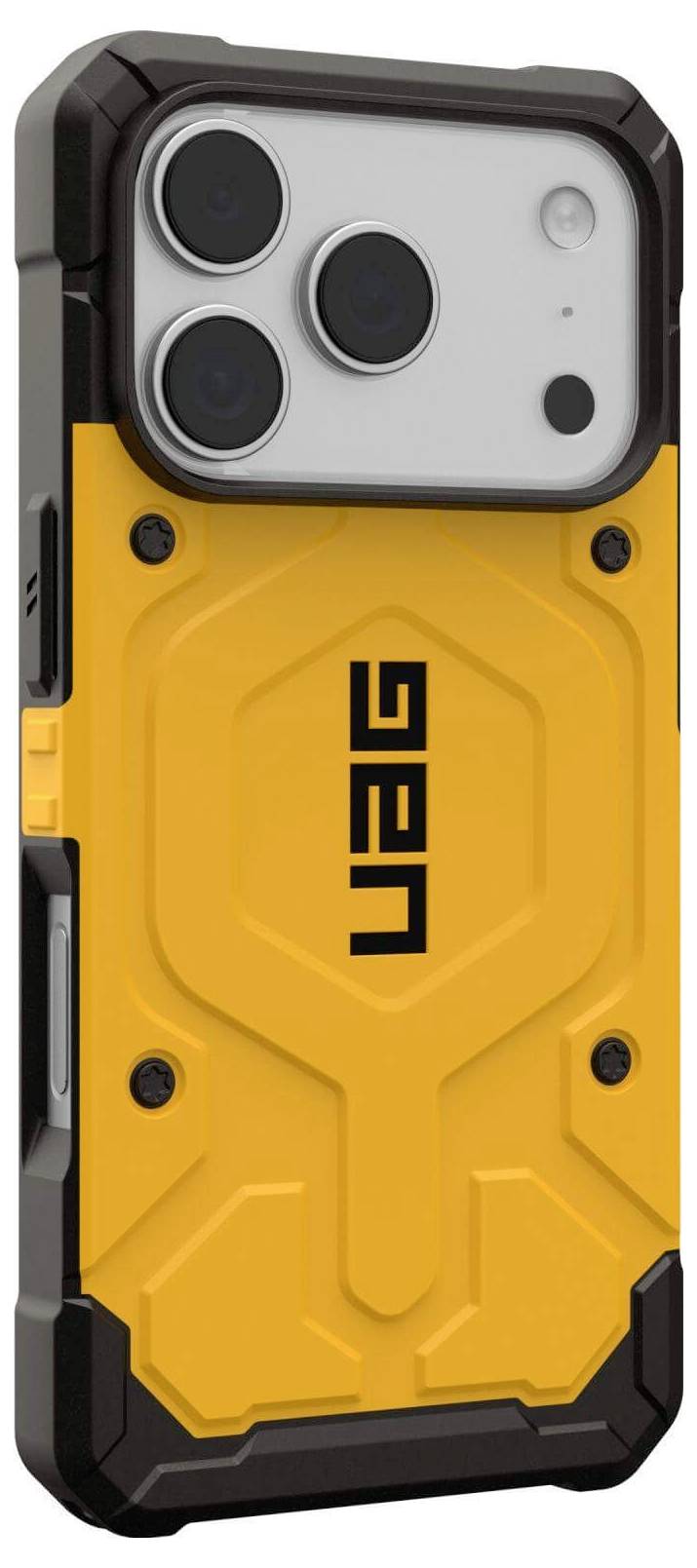 Een robuuste telefoonhoes met een geel en zwart design. De hoes beschikt over grote knoppen, versterkte hoeken en een gestructureerde achterkant voor een goede grip.