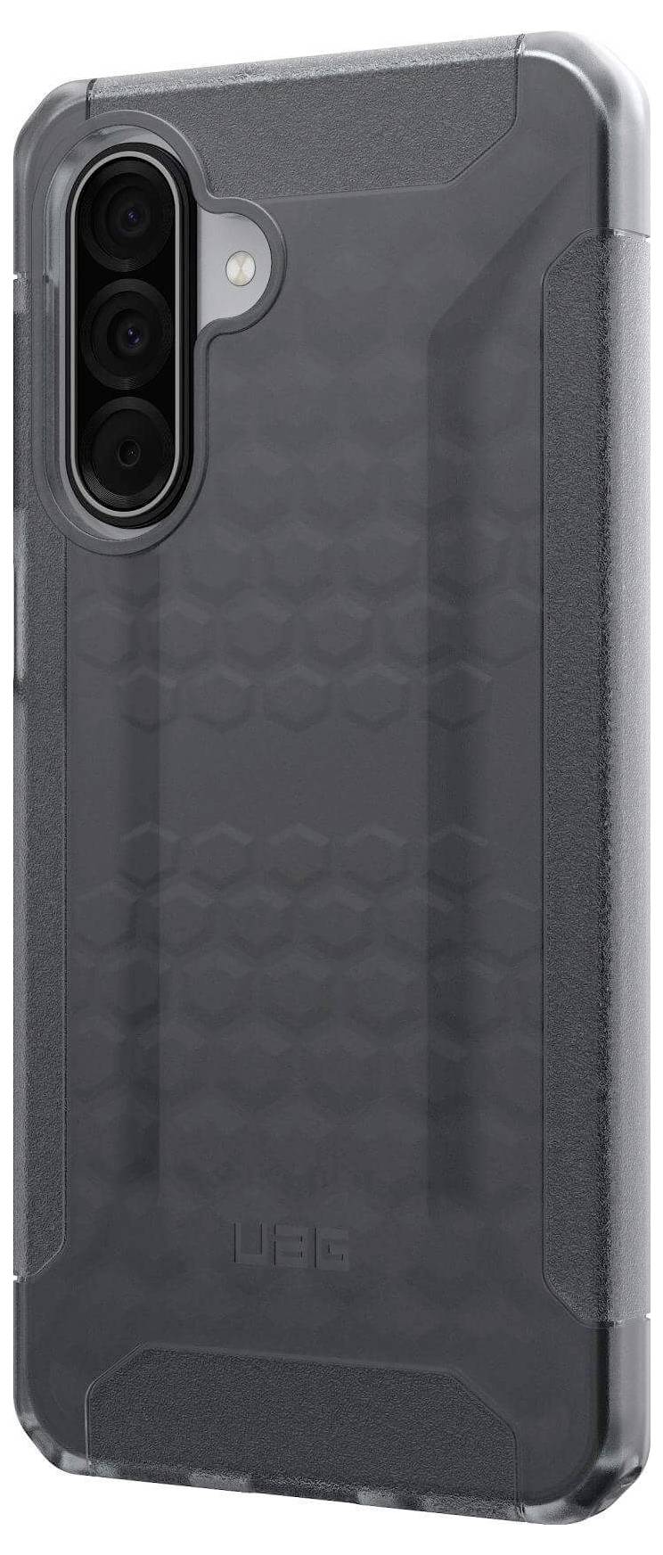 Een robuuste, transparante telefoonhoes met een gestructureerd patroon en versterkte randen, ontworpen voor verbeterde bescherming van het apparaat.