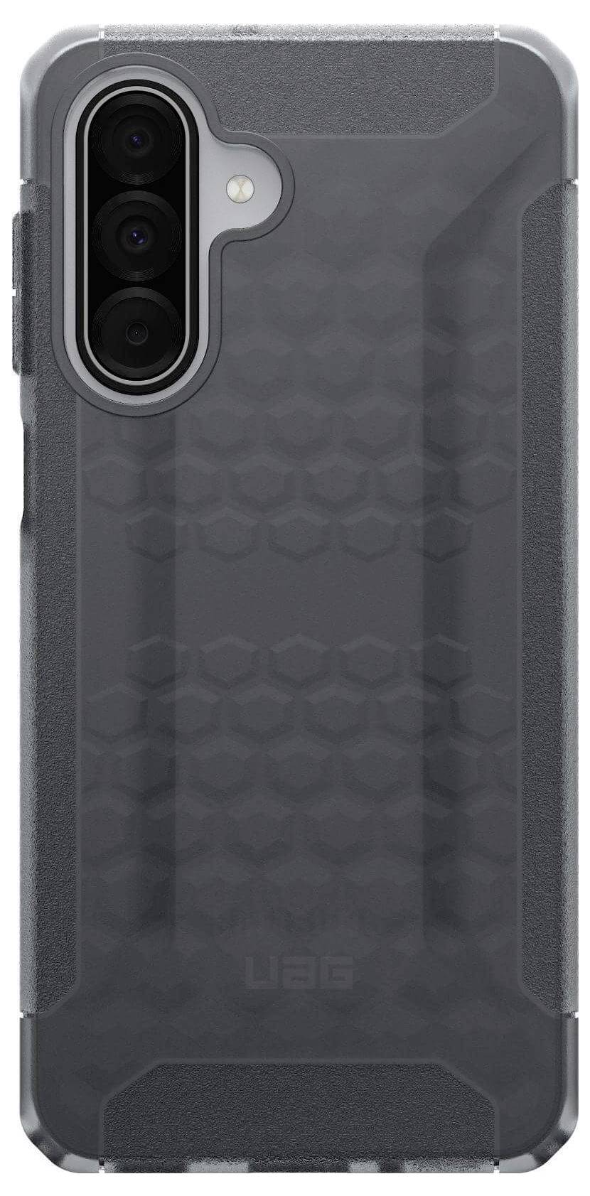 Een smartphone met een transparante beschermhoes met zeshoekig patroon, waarbij de achteruitrijcamera en zijknoppen zichtbaar blijven.