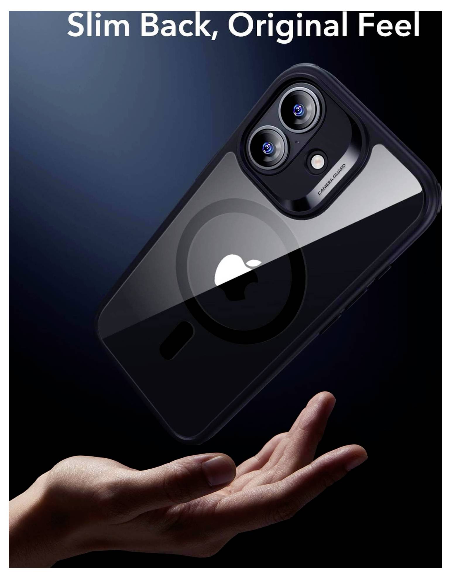 Een hand houdt een strak, zwart smartphone met dubbele camera's vast, dat licht weerkaatst. De tekst erboven luidt 'Slim Back, Original Feel.'