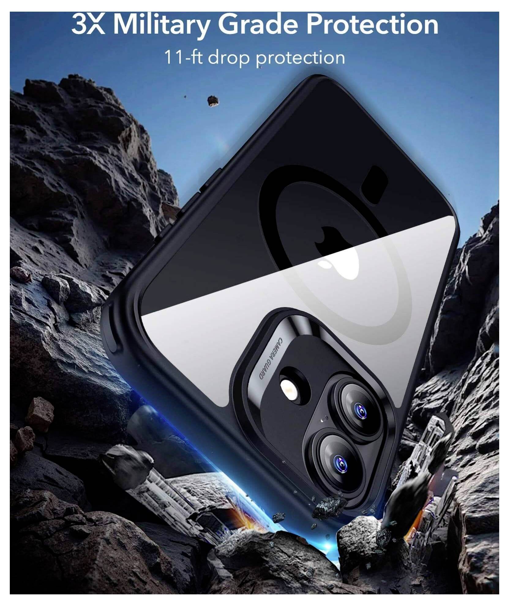 Telefoon met dubbele camera's en robuuste behuizing gemarkeerd voor '3X militaire graad bescherming' en '11 voet valbestendigheid' in rotsachtig terrein.