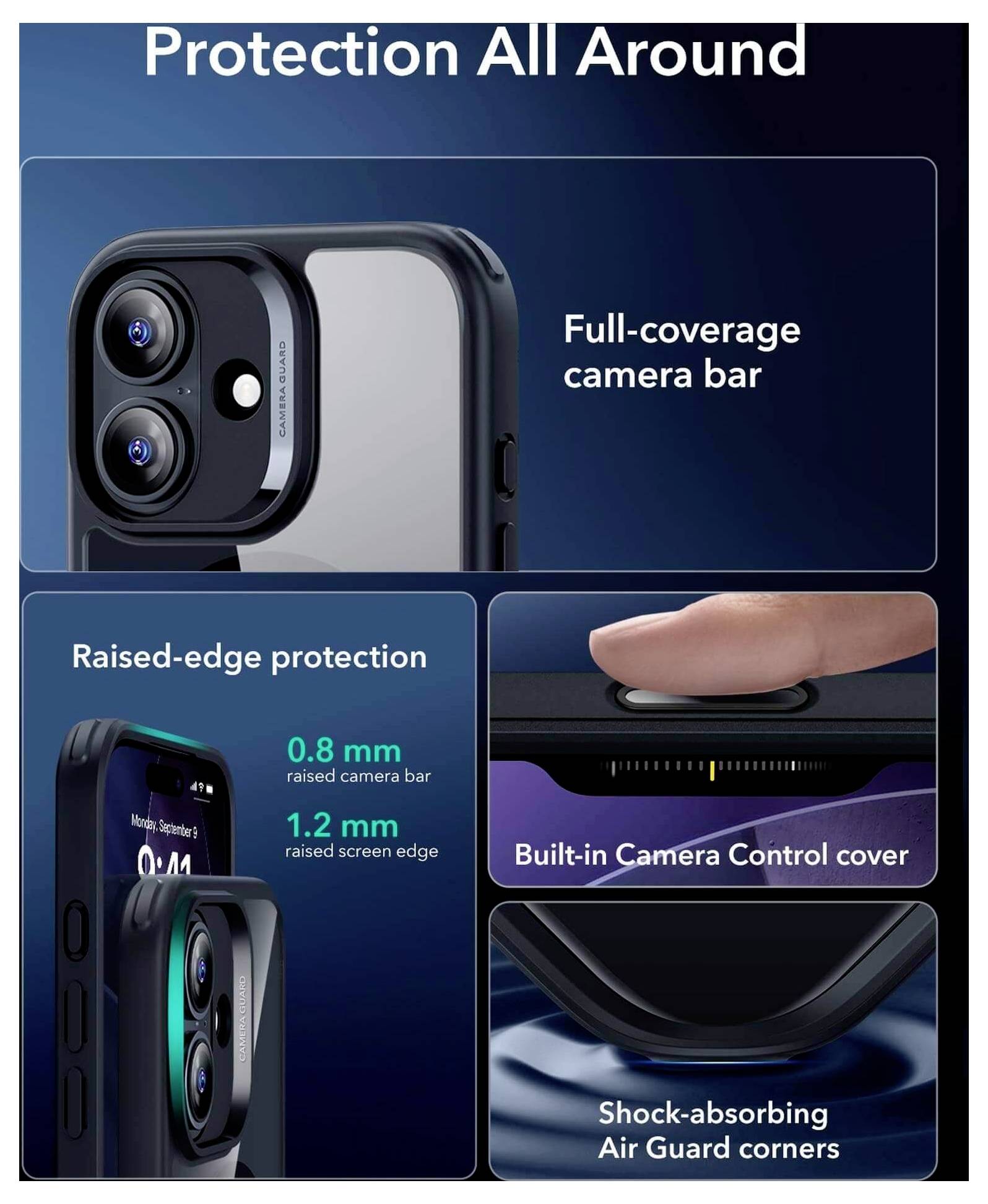'Bescherming Rondom' telefoonhoesje met volledige camerabalk, bescherming langs de randen, ingebouwde camerabedieningsafdekking en schokdempende hoeken.