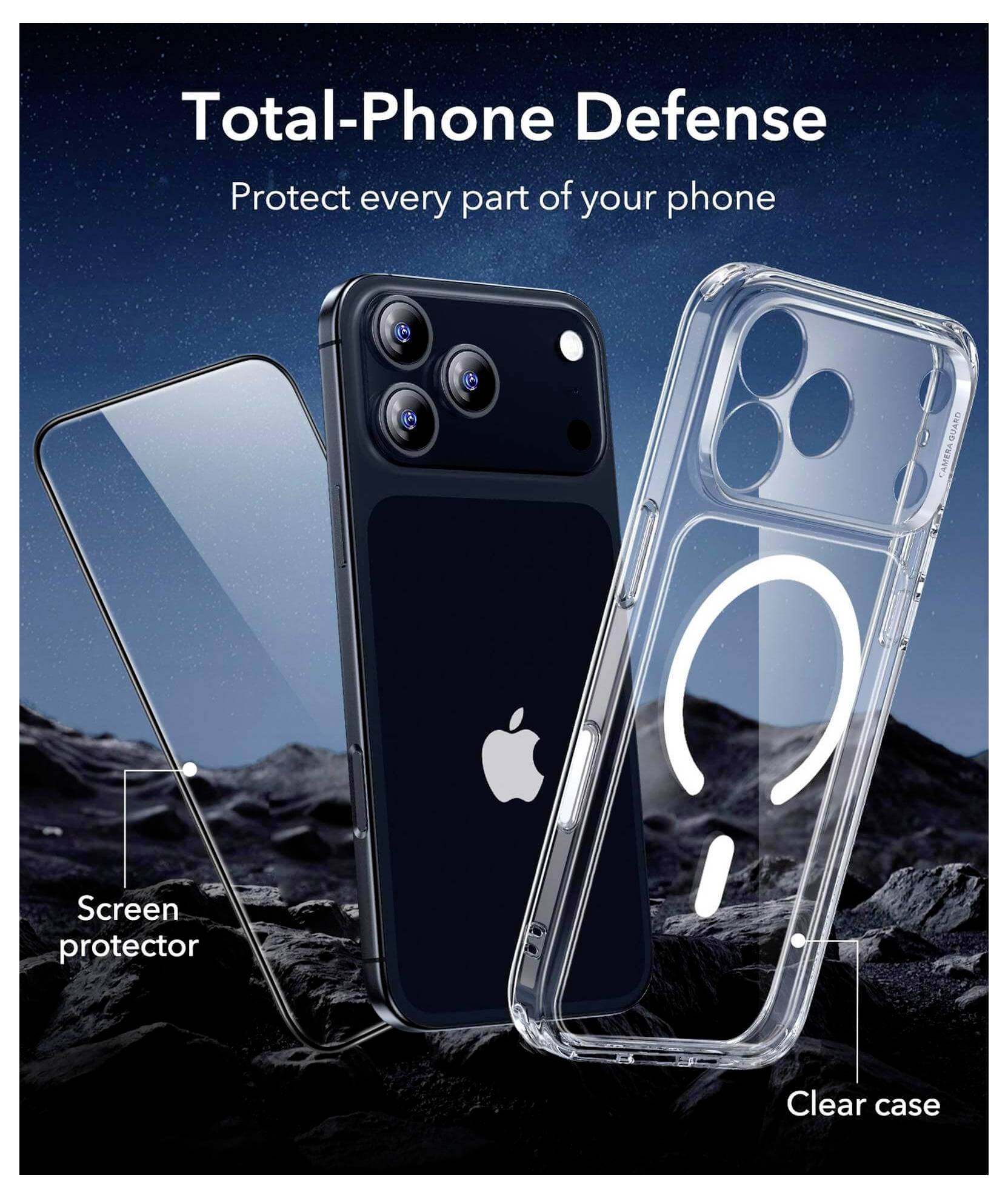 'Totaal-Telefoon Bescherming' advertentie met een telefoon voorzien van een schermbeschermer en een transparante hoes, met de nadruk op bescherming voor alle onderdelen van de telefoon.