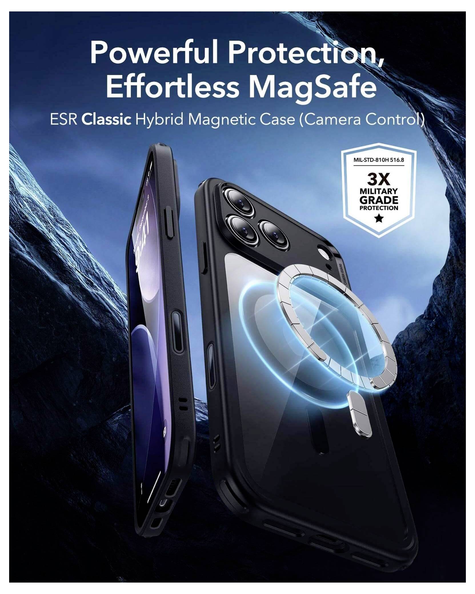 Een smartphone met een hoesje waarop magnetische ringen worden getoond die zich hechten voor MagSafe-connectiviteit. Tekst luidt 'Krachtige Bescherming, Moeiteloze MagSafe'.