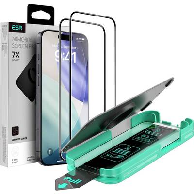ESR Armorite schermbeschermingsset voor iPhone, met twee glazen beschermers en een installatielade voor eenvoudige toepassing.