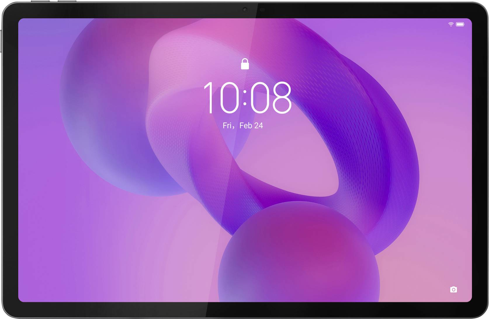 Een tabletscherm met een vergrendelingsscherm waarop de tijd '10:08' en de datum 'Vr, Feb 24' wordt weergegeven op een paarse en roze abstracte achtergrond.
